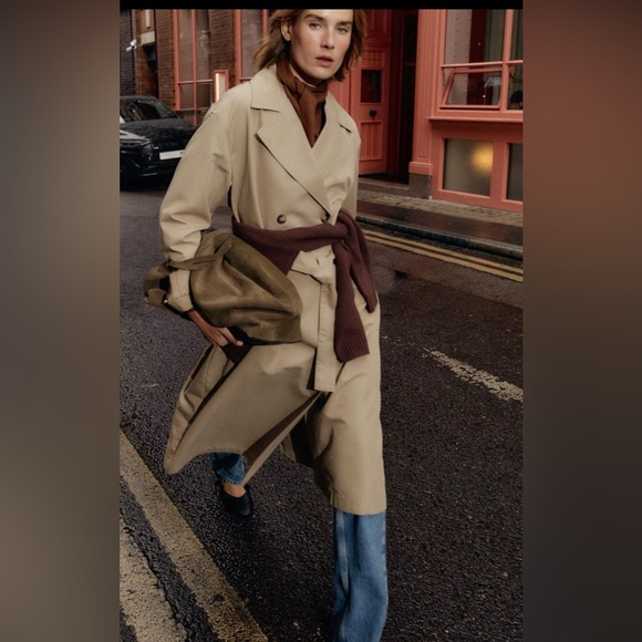 Zara Jackets & Blazers - Zara Beige Trench Coat with Brown Sweater Accent
